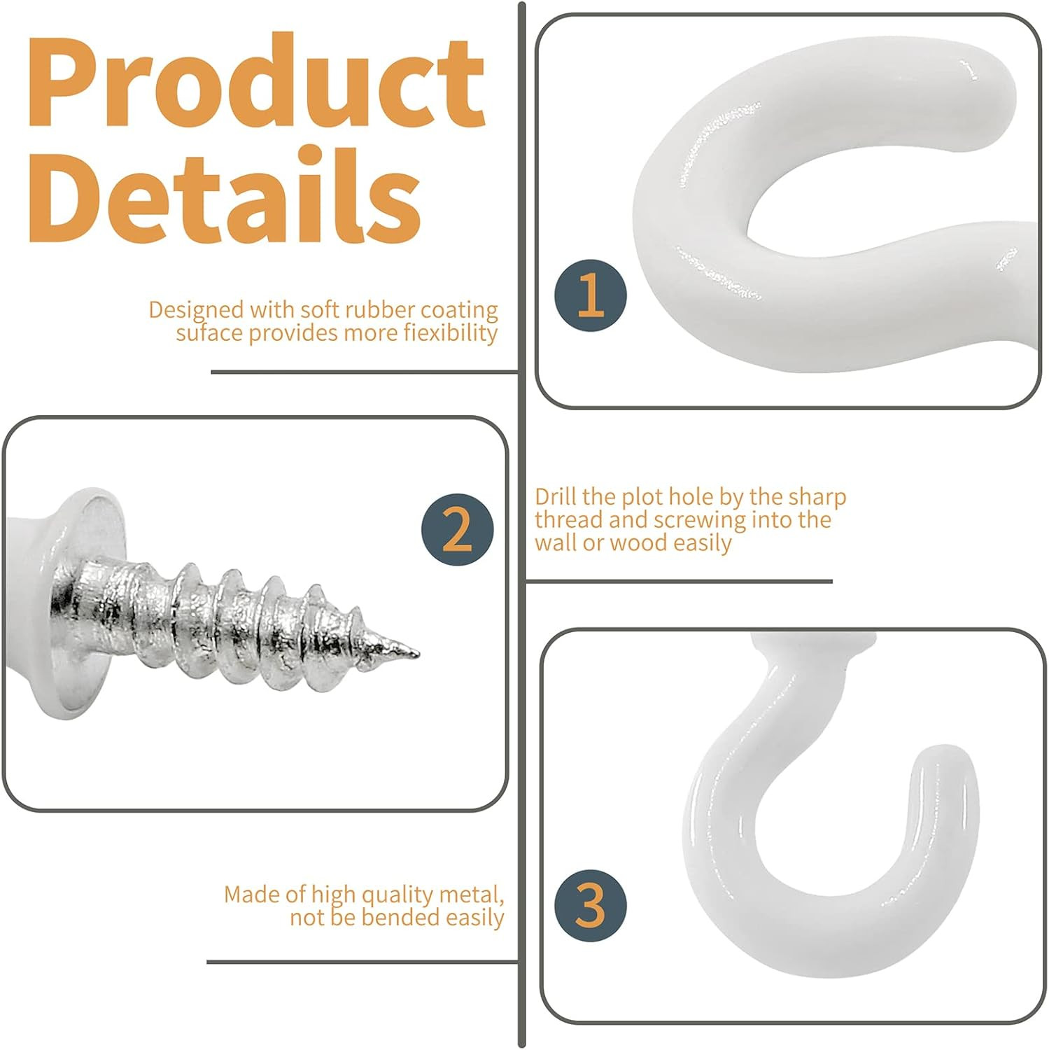 100Pcs White Cup Hooks, 1/2 Inch Ceiling Hooks Metal Screw-in Hooks Vinyl Coated