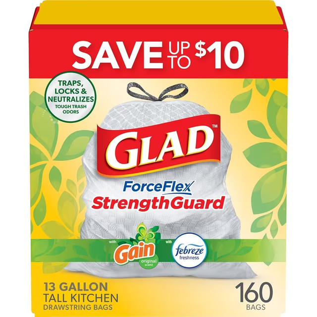 Glad ForceFlex 13-Gal Kitchen Trash Bags, Gain Original Scent + Febreze, 160ct