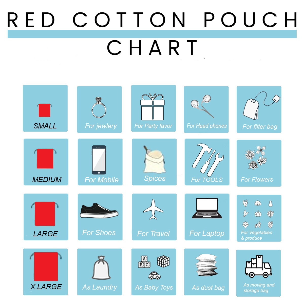Red Cotton Reusable Produce Muslin Bags –Multipurpose Christmas Holiday Bag Sack
