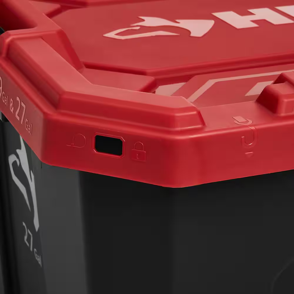 Husky 27 Gallon Storage Tote Bin Heavy Duty Stackable Lockable Lid Black Red