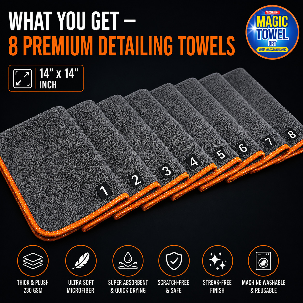 8-Pack Microfiber Car Detailing Towels 14×14 230 GSM Coral Fleece Lint-Free