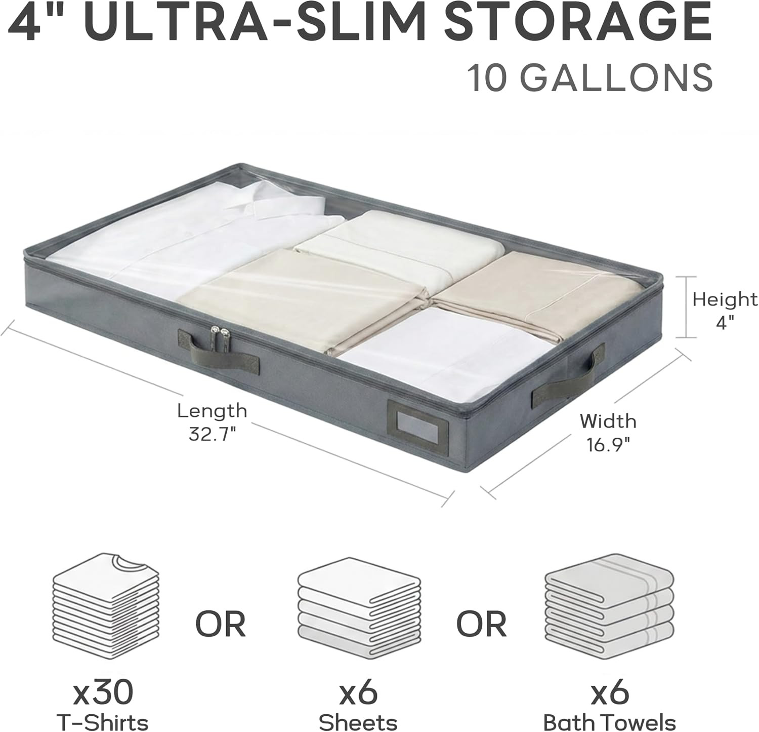 4″ Low Profile under Bed Storage Bins (2-Pack, Grey), Slim 600D Oxford Fabric Cl