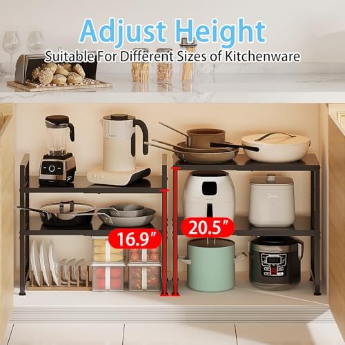 2-Tier Expandable Metal Storage 2 Tier：11.02″D x 23.62″W x 20.87″H Black