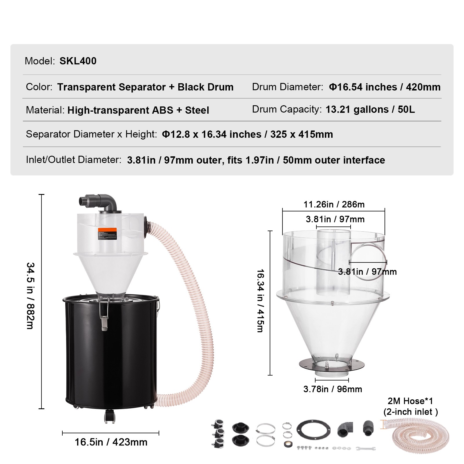VEVOR 4 Inch Cyclone Separator Dust Collector with 13 Gallon 50L Drum Kit