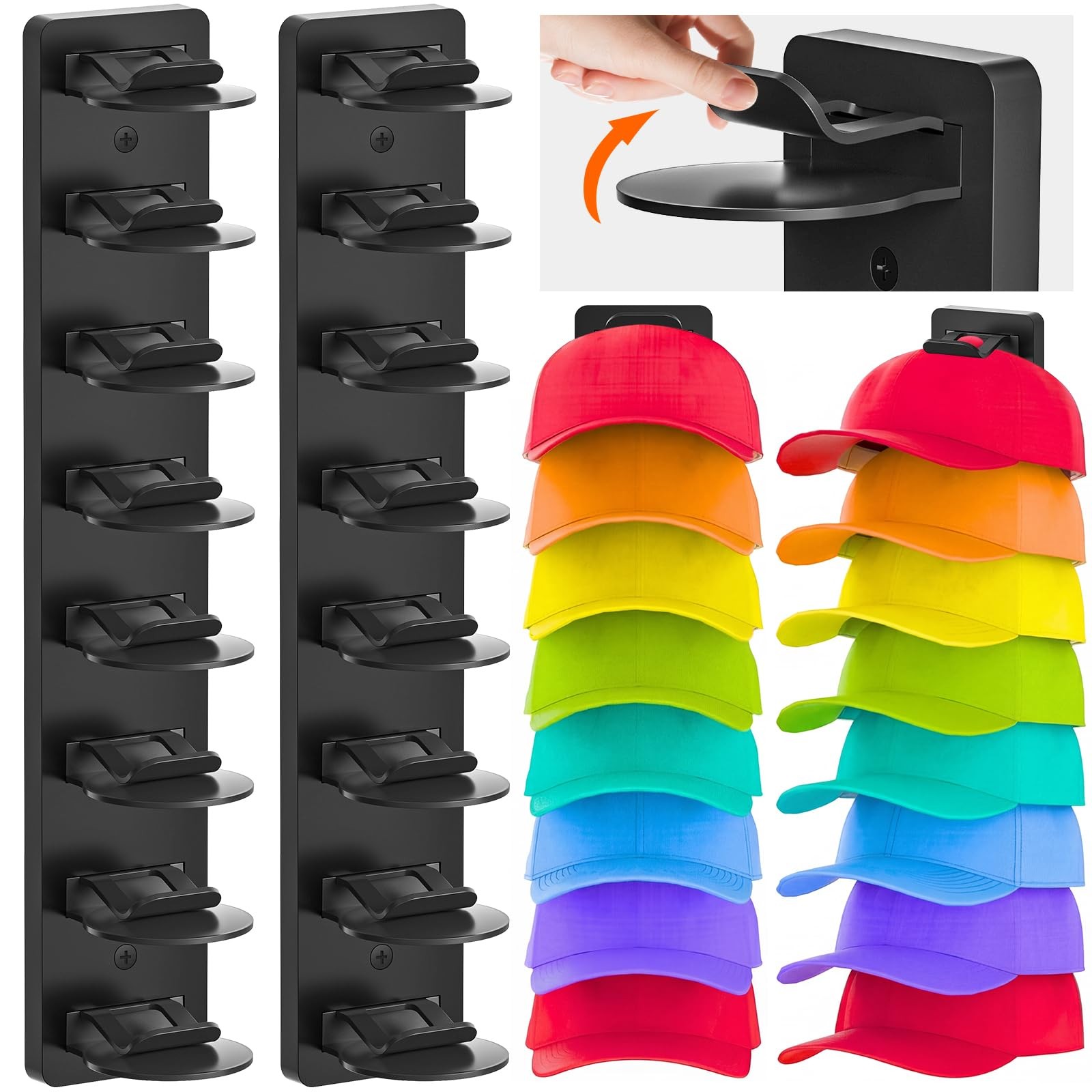2 Wall Mounted Organizers for 16 Men’s Caps, Adhesive Coat Rack Holder
