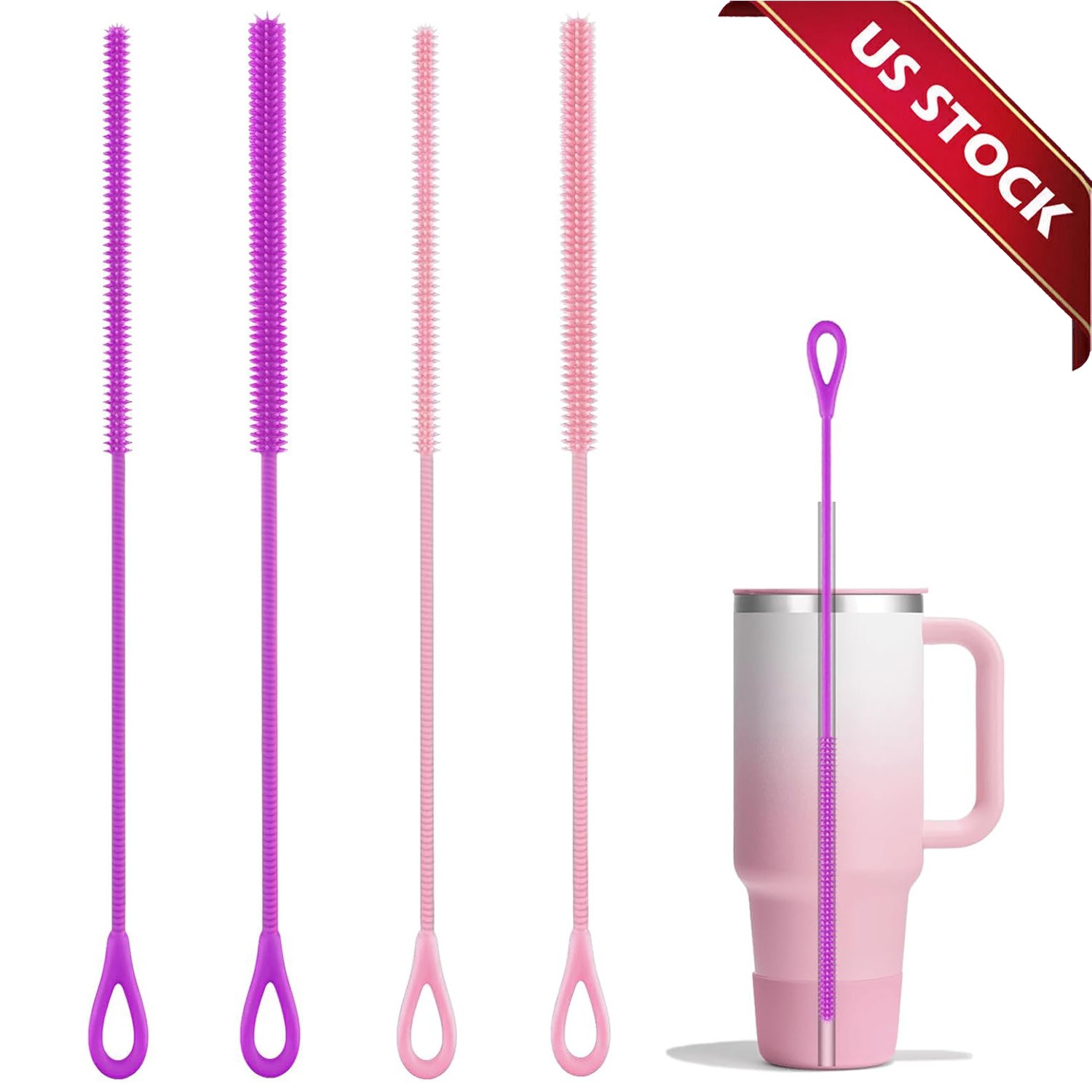 Silicone Straw Cleaner Brush, Reusable, Extra Long for Cleaning Tumbler, Handle