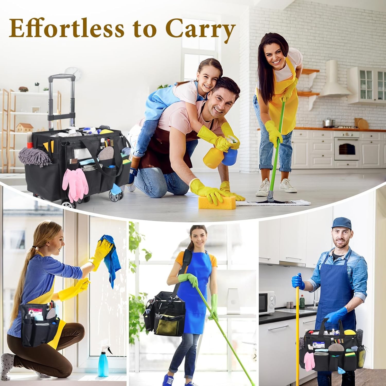 Rolling Cleaning Caddy Bag with Detachable Trolley, Multi-Functional Portable