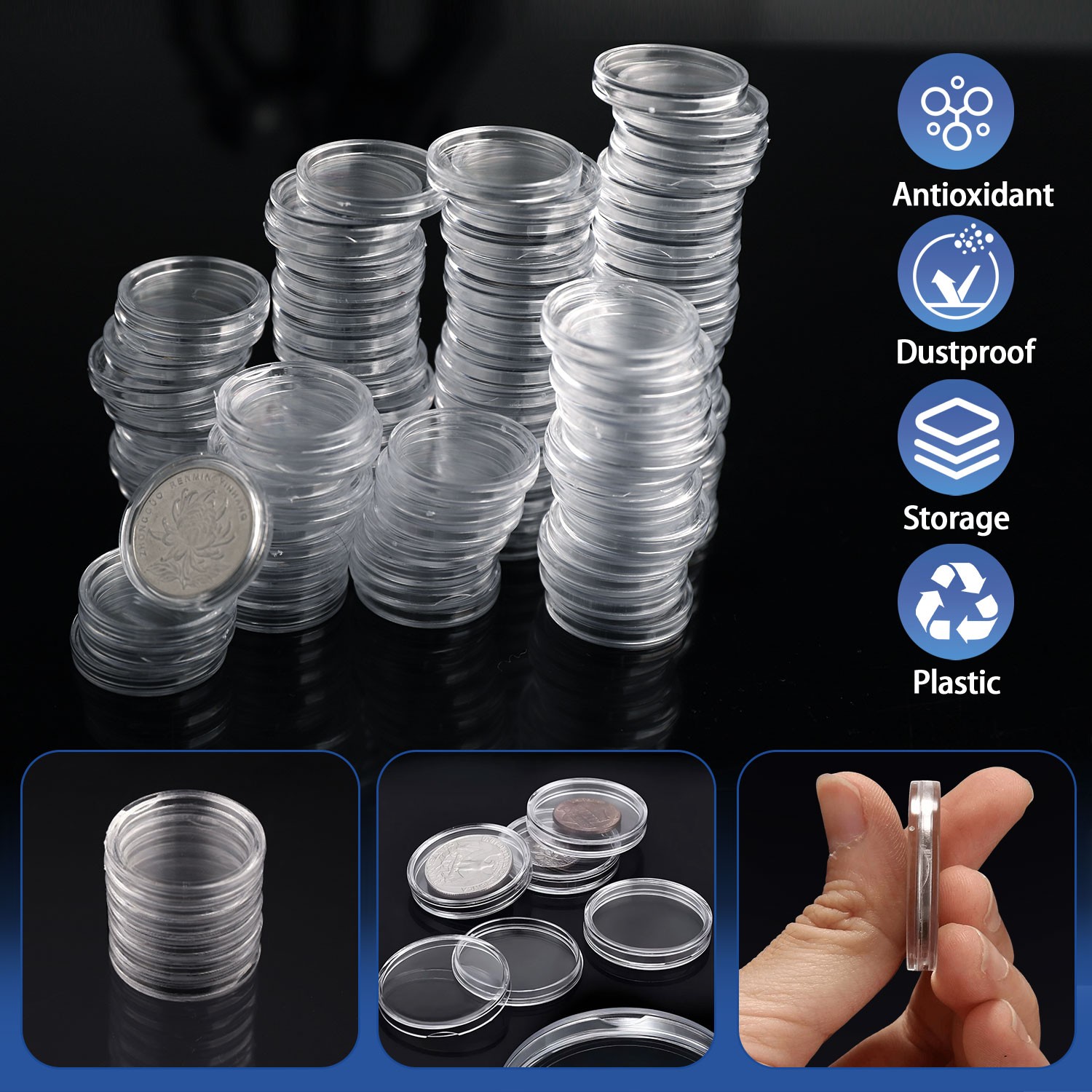 100PCS 25mm Silver Gold Coin Cases Capsules Holder Clear Plastic Round Storage