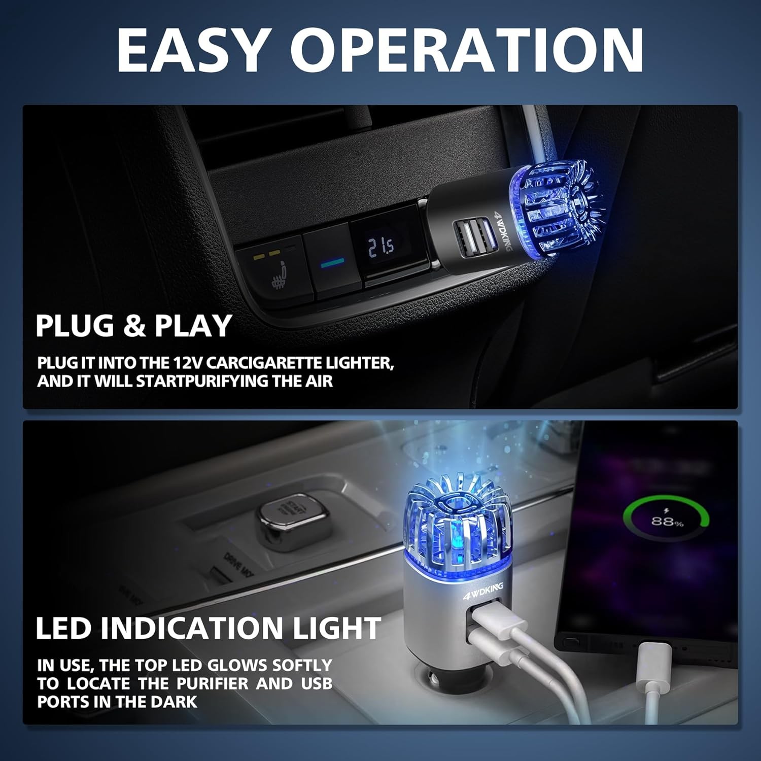 Car Air Purifier Ionizer, 12V Plug-in Car Air Freshener Gadgets with Dual Black