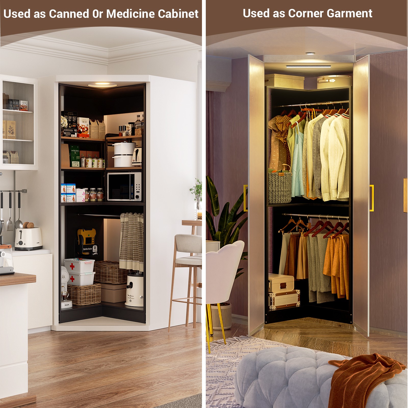 32″ Wide Wood Corner Closet Organizer System with 2 Hanging Rod & Storage Shelve