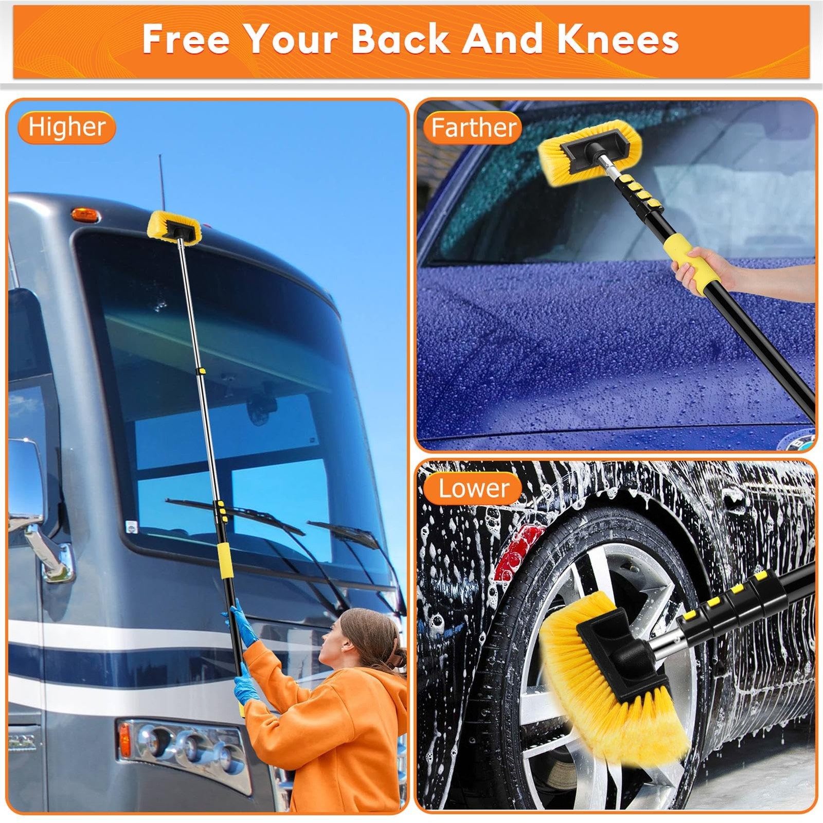 Car Wash Brush with 3.4-12FT Telescopic Pole,Scratch-Free Cleaning Truck,RV