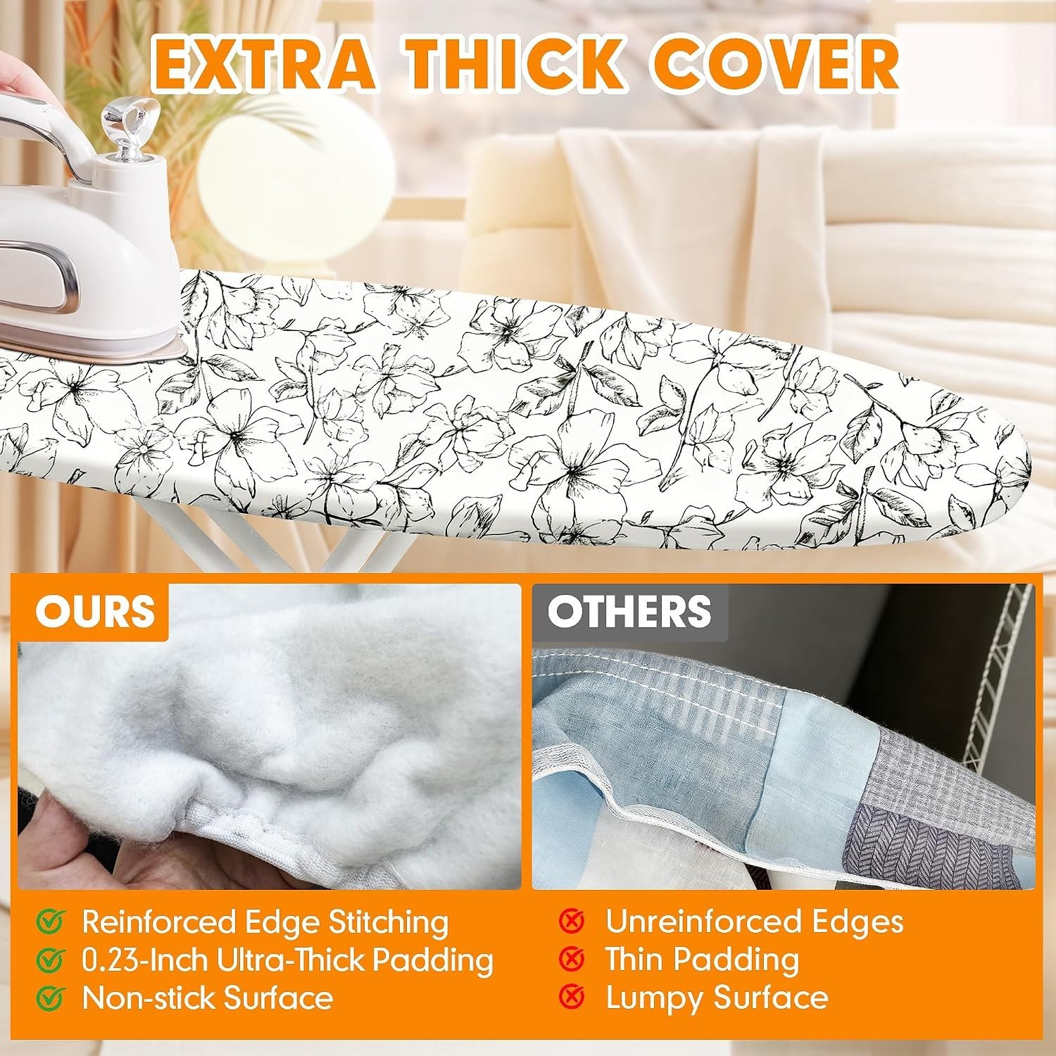 Floral White 21″ x 57″ Scorch-Resistant Ironing Board Cover & Extra Thick Pad