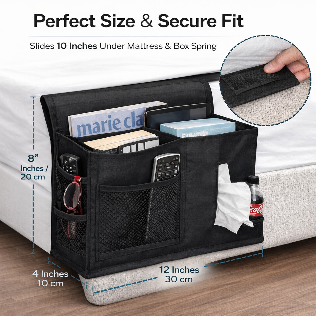 7 Pocket Bedside Caddy Organizer Multi Pocket Black Magazine Rack