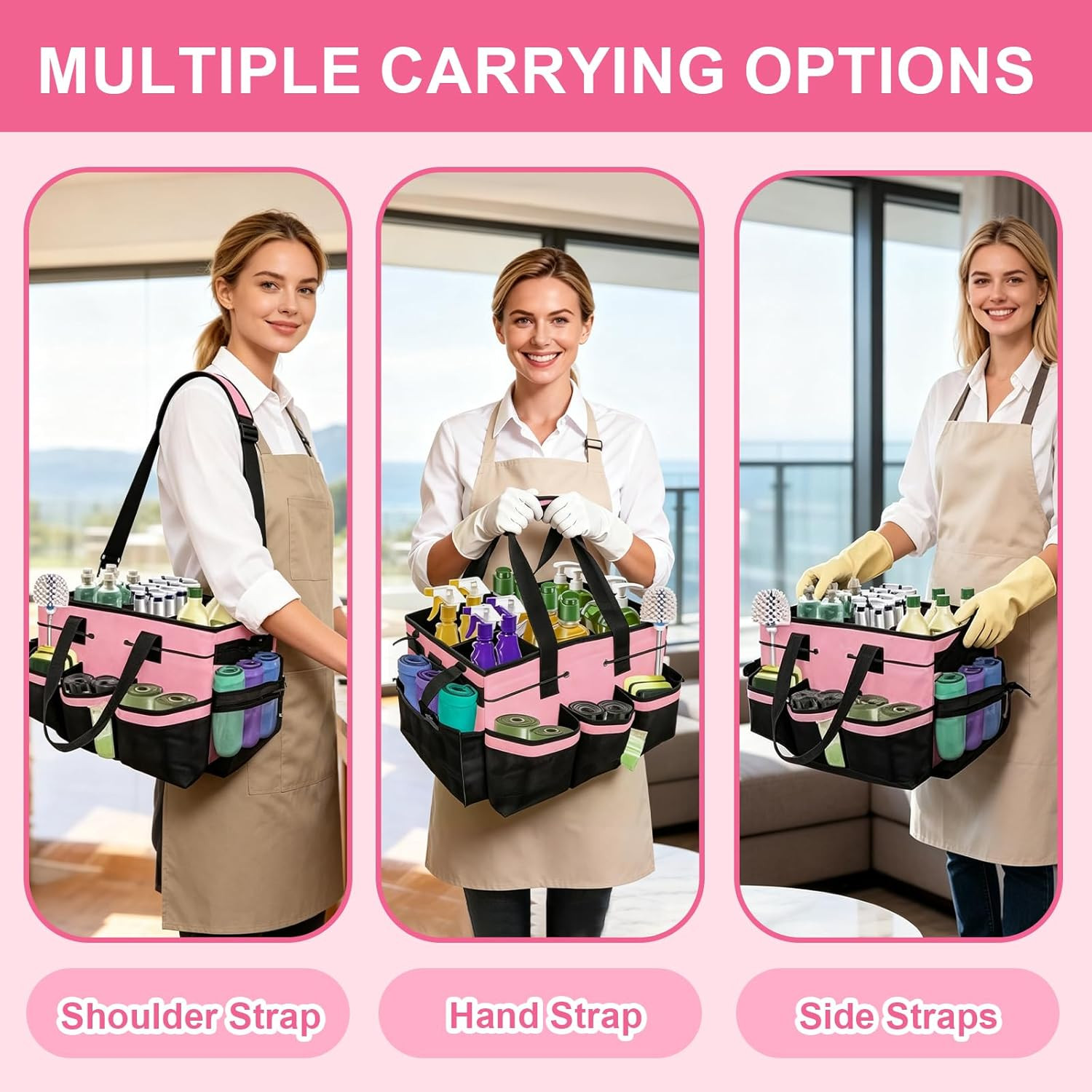 Large Cleaning Caddy Bag – Cleaning Supply Organizer Bag with Handle & Adjustabl