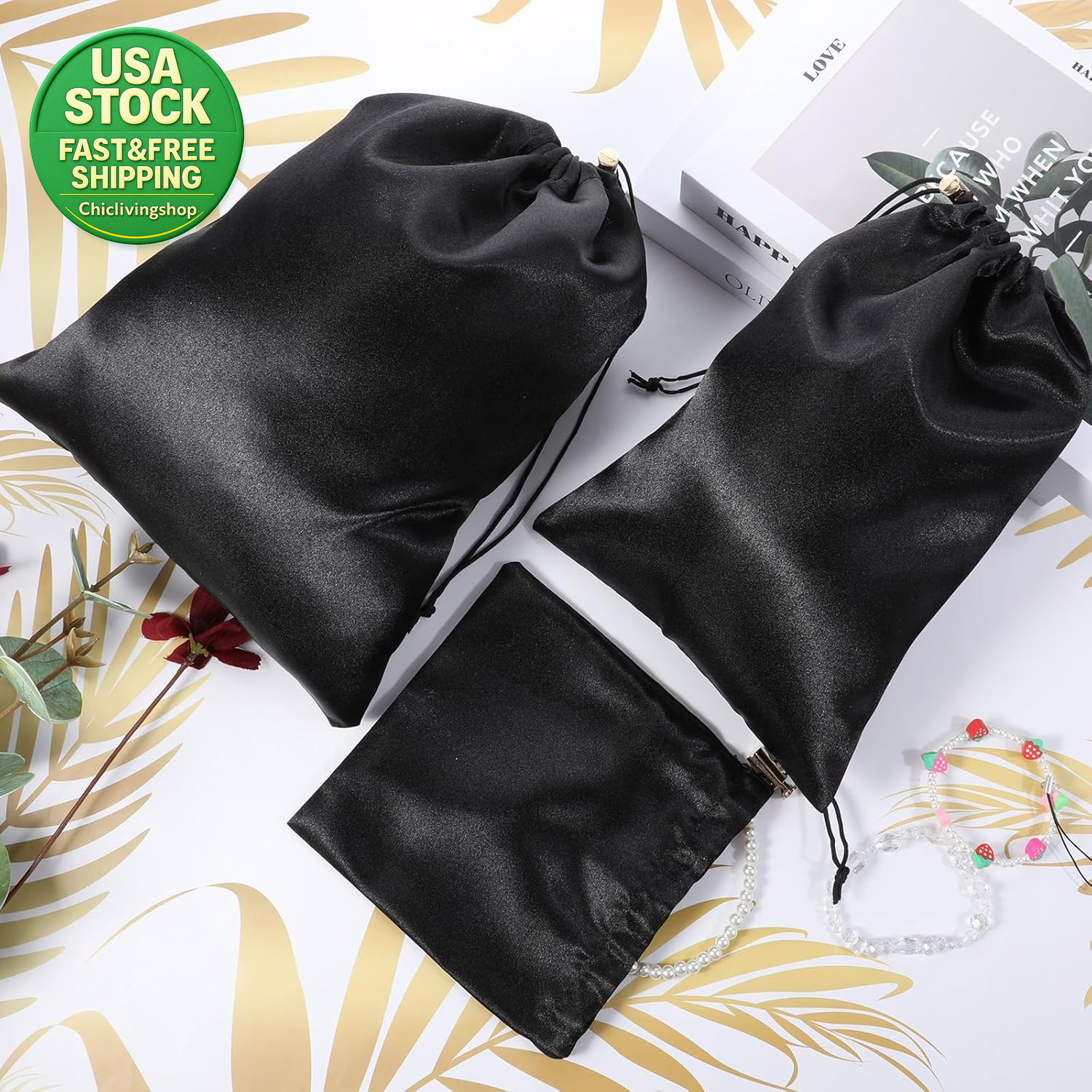 Toy Storage Bags Satin Silk Drawstring Pouch 6 Pcs Adjustable Microfiber Black
