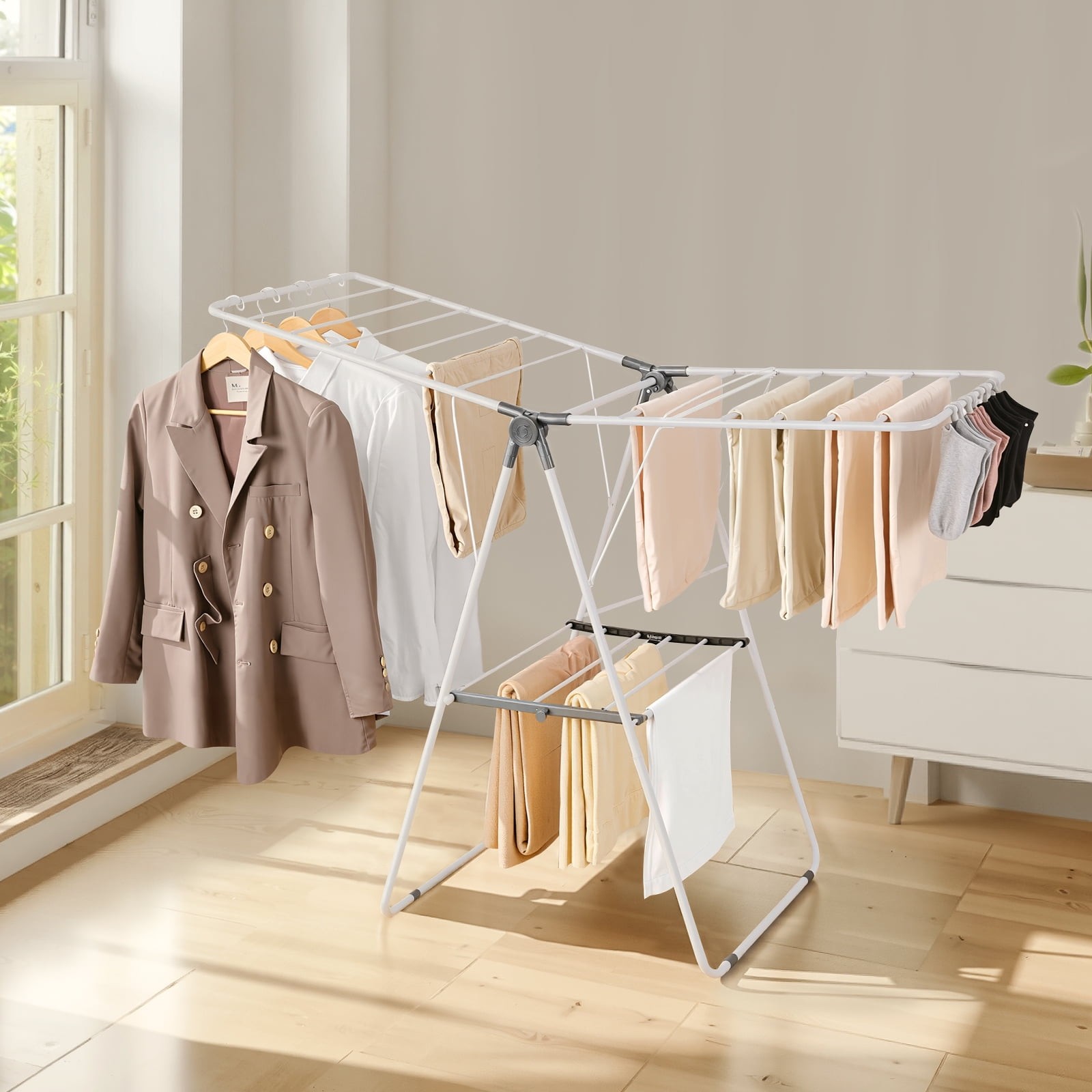 KFFKFF Foldable 2-Tier Clothes Drying Rack, Laundry Rack with Adjustable Height