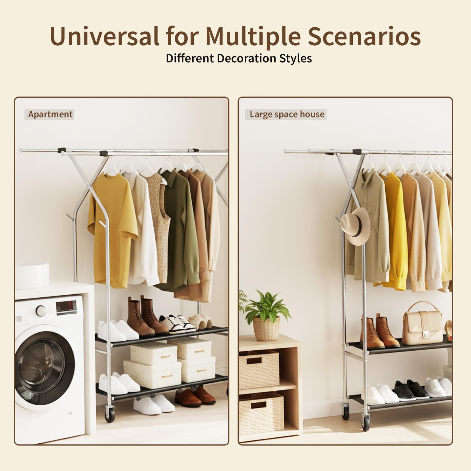 Heavy Duty Clothes Rack,Double Rods Clothing Rack for Hanging Clothes,Rolling