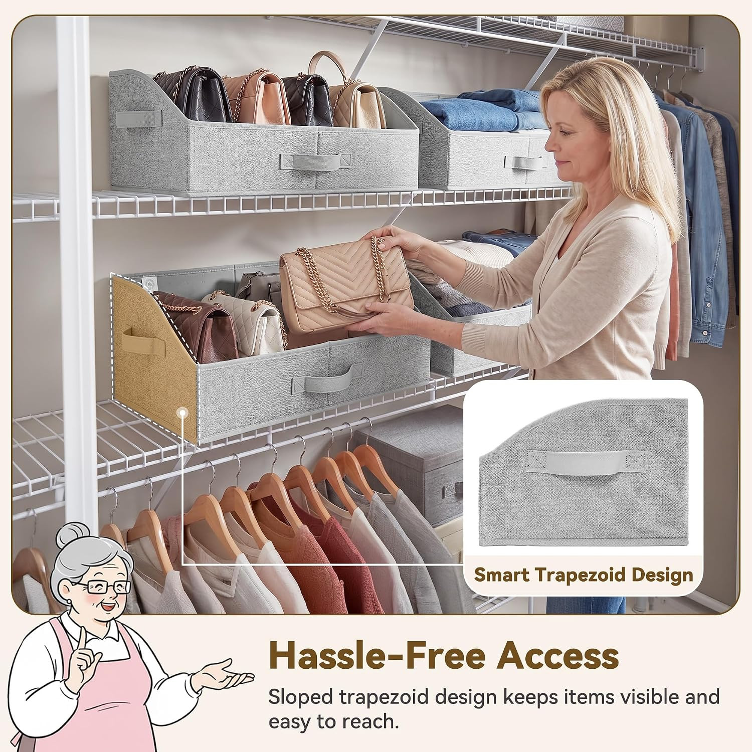 Purse Organizer for Closet, Large, Gray, 3-Pack | Trapezoid Storage Bins, Closet