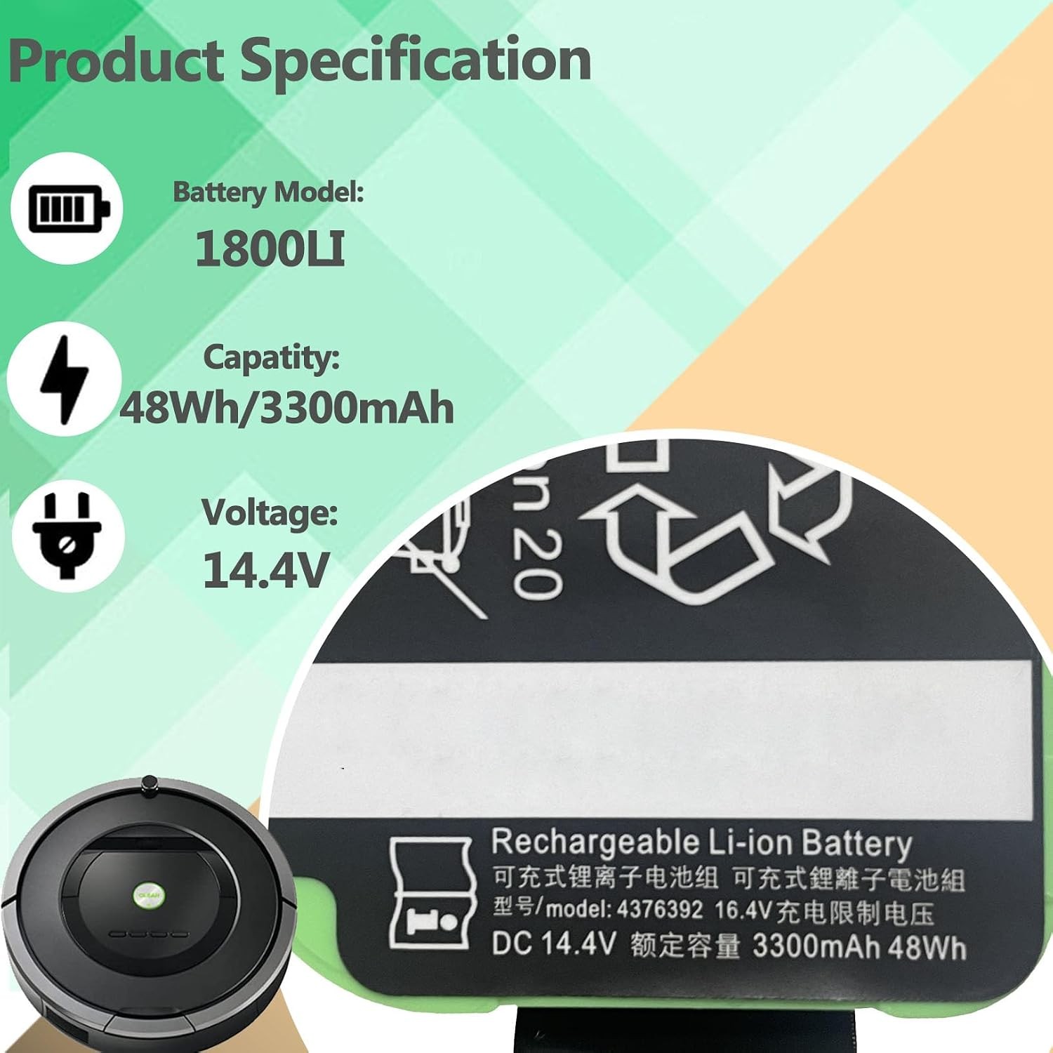 1800LI Replacement Battery for Roomba 900 800 700 600 Series Compatible
