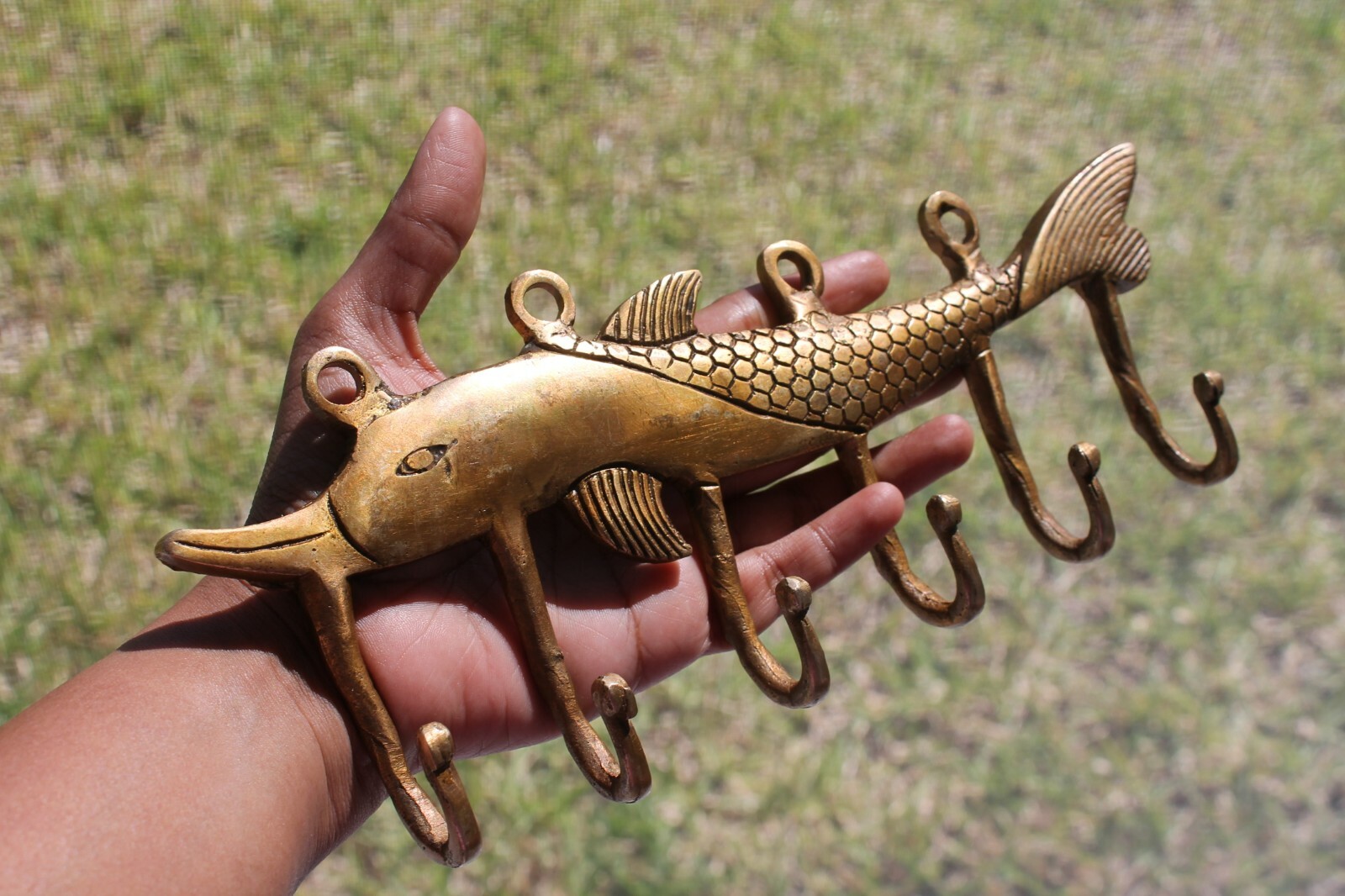 FISH Antique Hook vintage VTG mid century modern Bronze Brass wall coat keys
