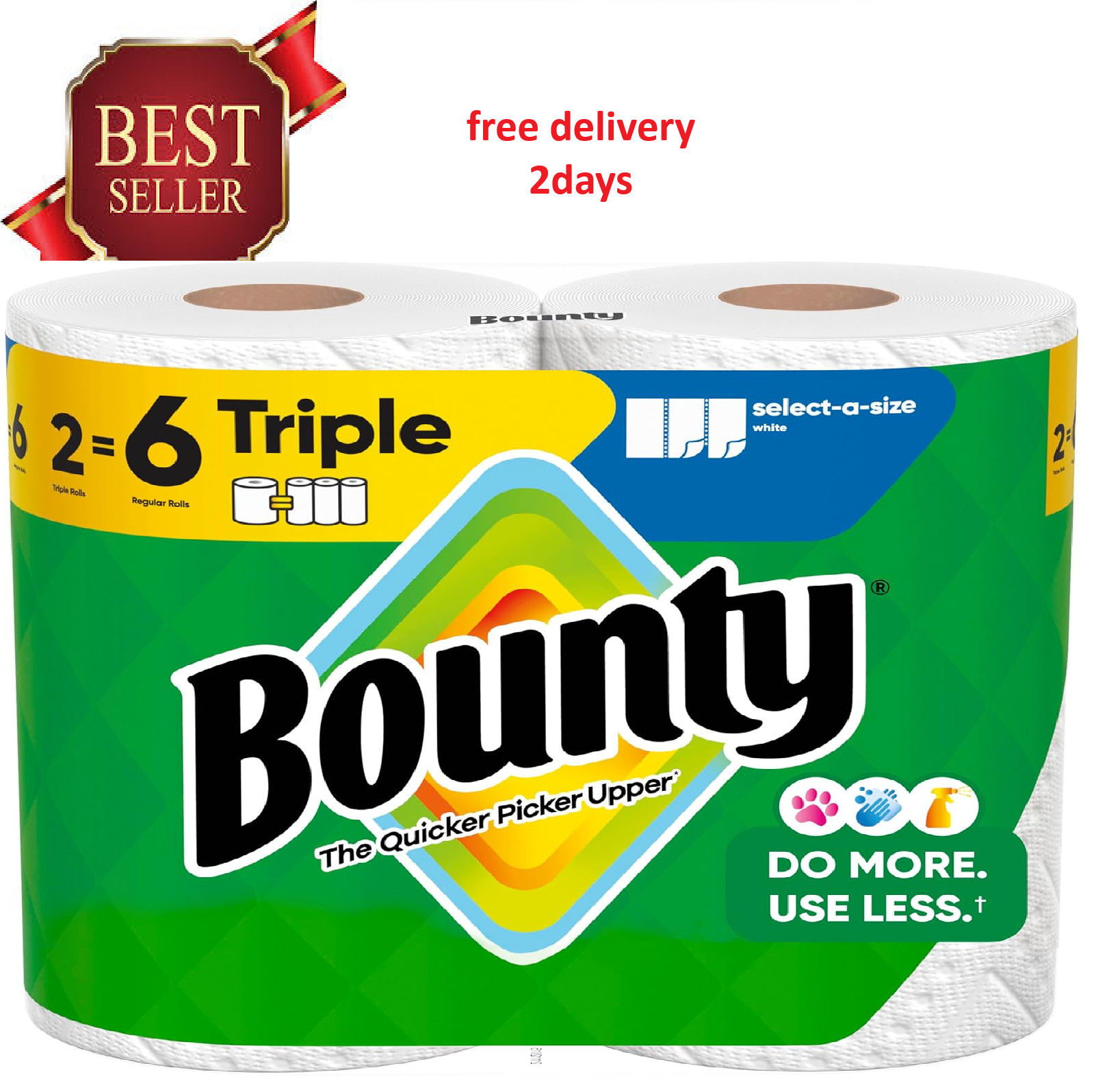 Bounty Select-A-Size Paper Towels, White, 2 Triple Rolls = 6 Regular Rolls