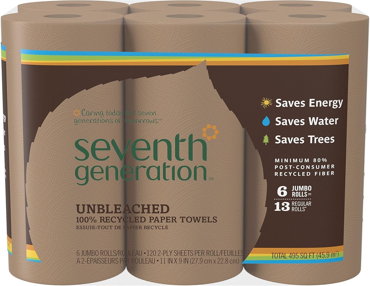 Seventh Generation Unbleached Paper Towels, 100% Recycled Paper, 6 Count