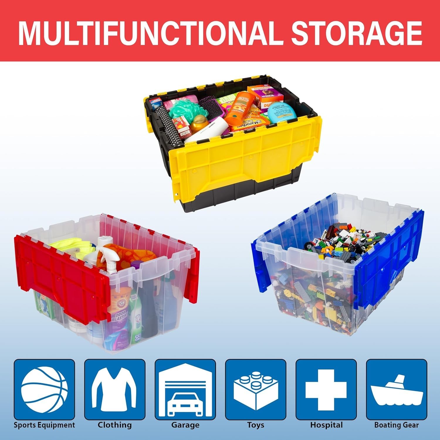 Akro~Mils 12 Gal Stackable Plastic Storage Tote Box with Lid, Black/Yellow