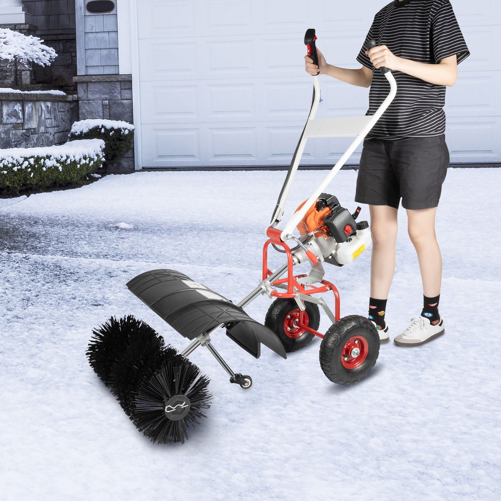 Walk Behind 52cc Power Broom Snow Driveway Sweeper Cleaner Artificial Grass USA~