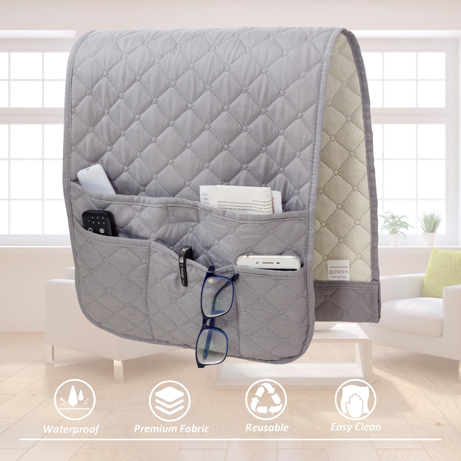 Armchair Caddy Couch Remote Control Holder Non-Slip 4 Pockets 35×13 Inch Grey