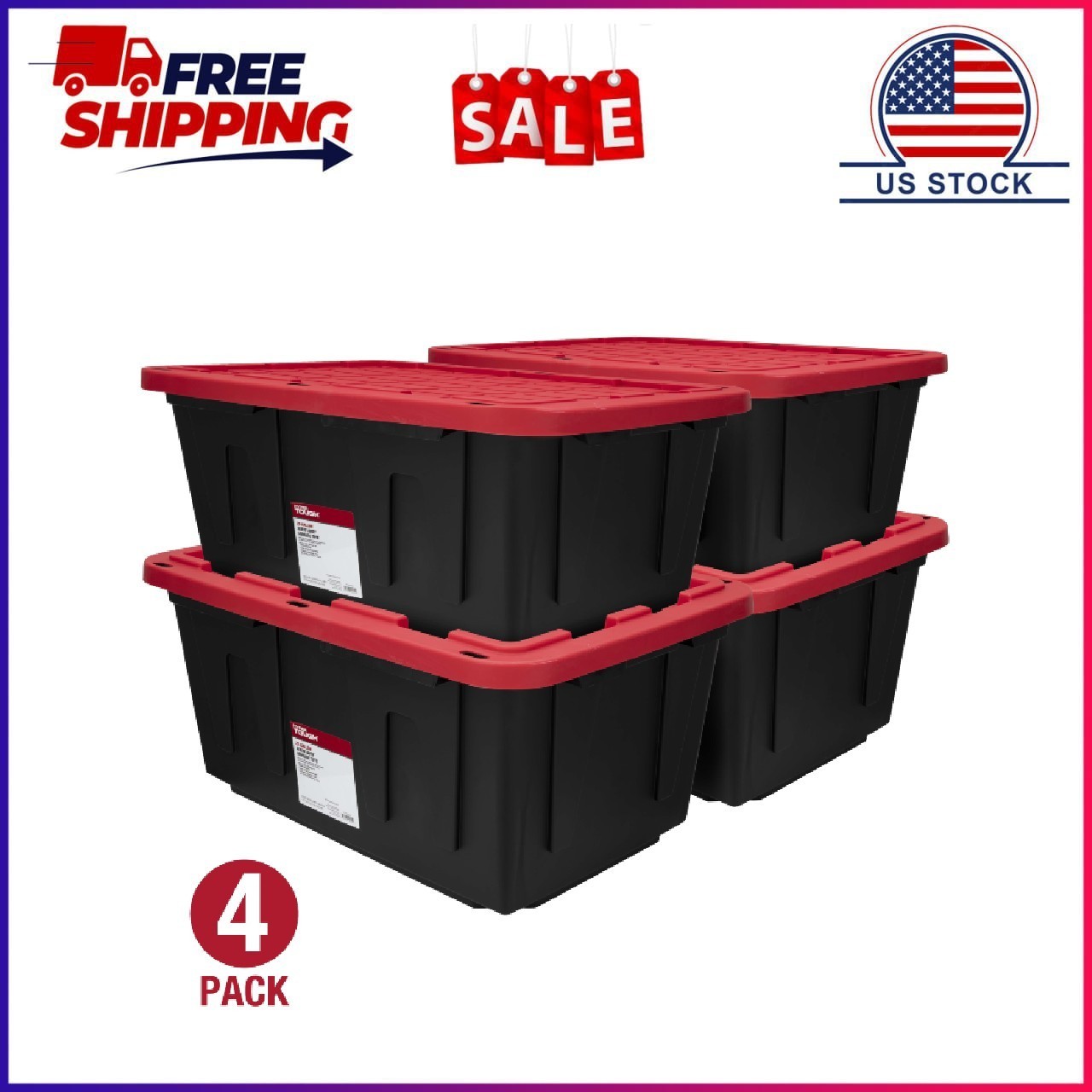 (Pack of 4) Hyper Tough 27 Gallon Large Storage Bin with Snap Lid, Black and Red