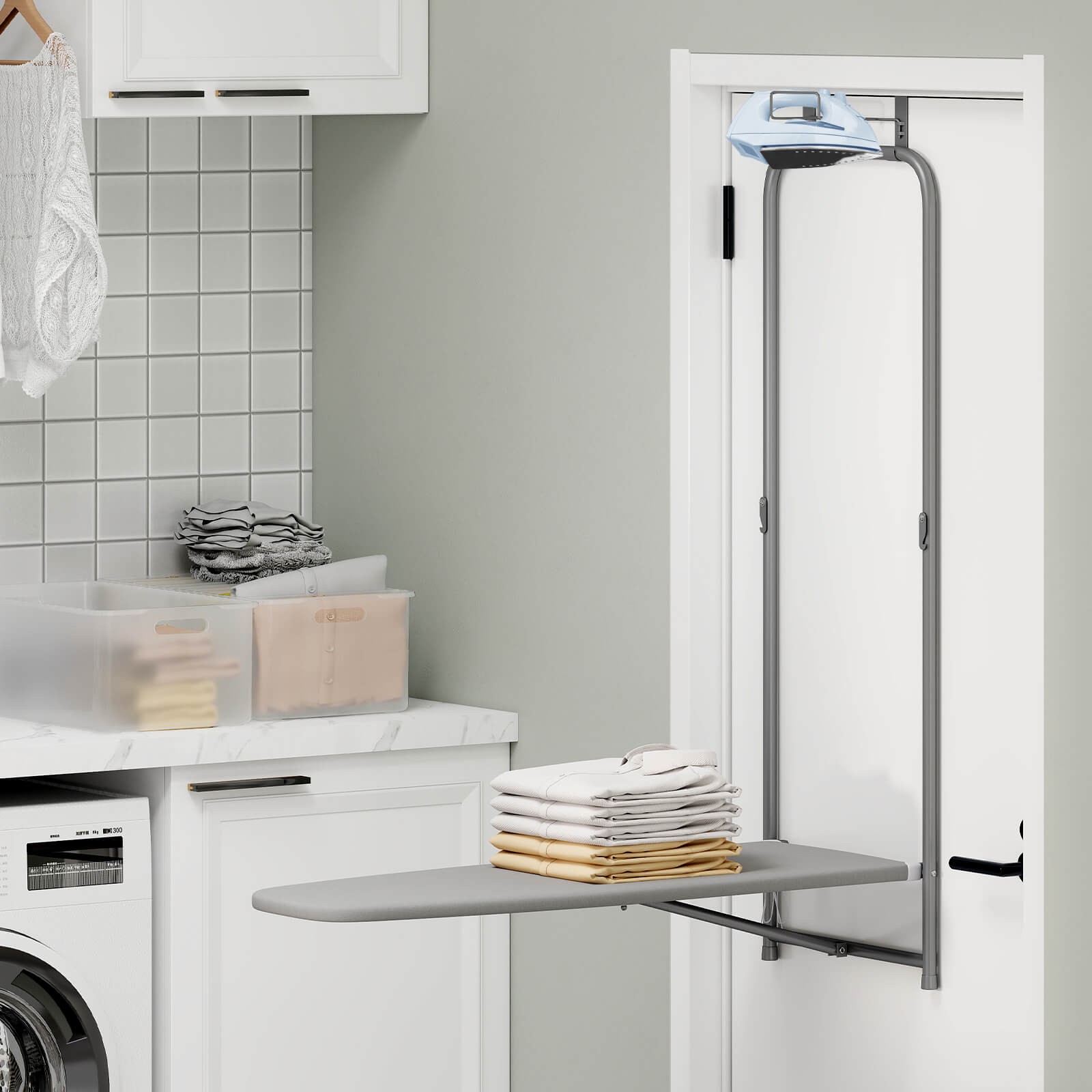 Space-Saving Over the Door Ironing Board w/ Iron Holder & Cotton Cover Gray