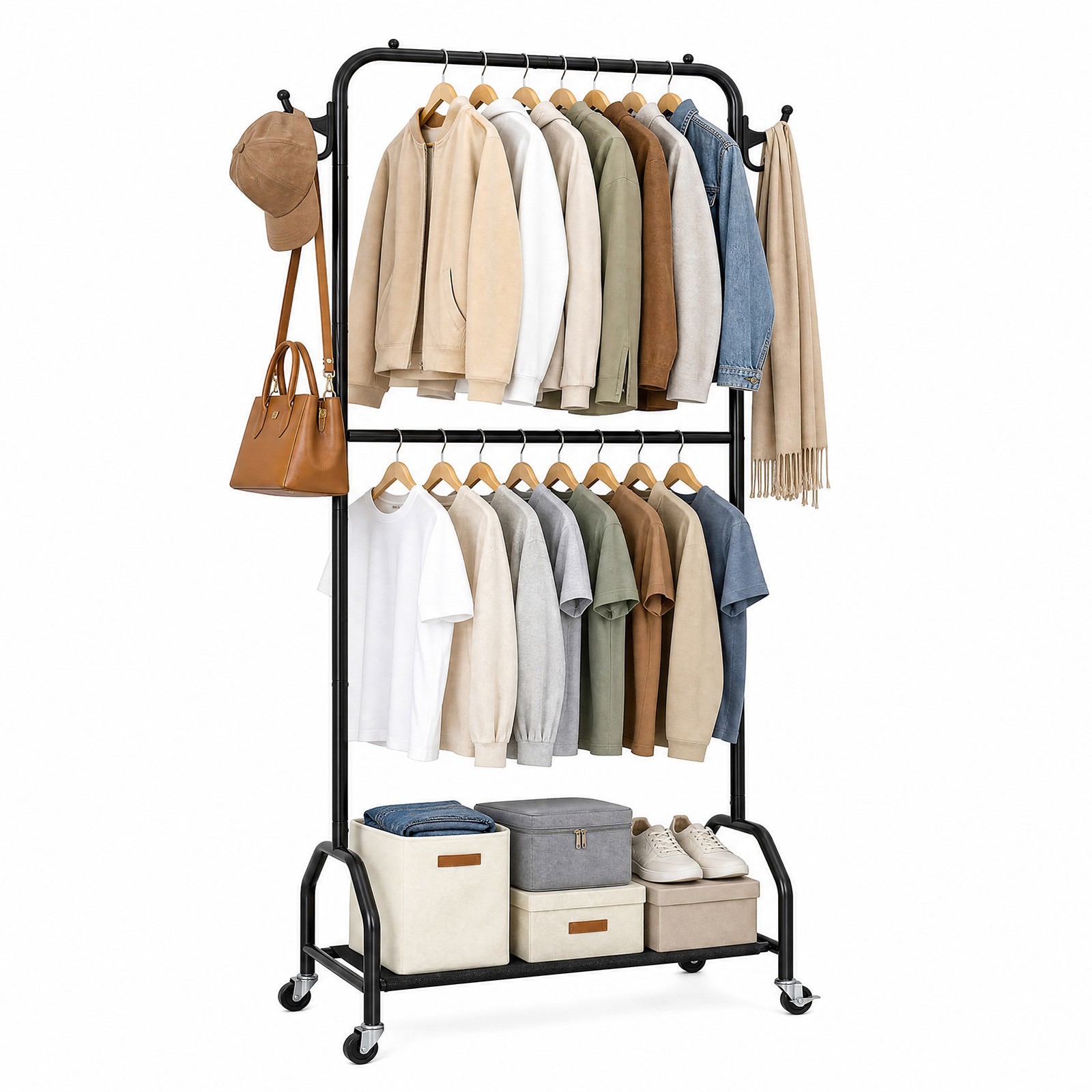 Double Rod Hanging Clothes Rack Oxford Cloth Bottom Shelf Shoe Organizer