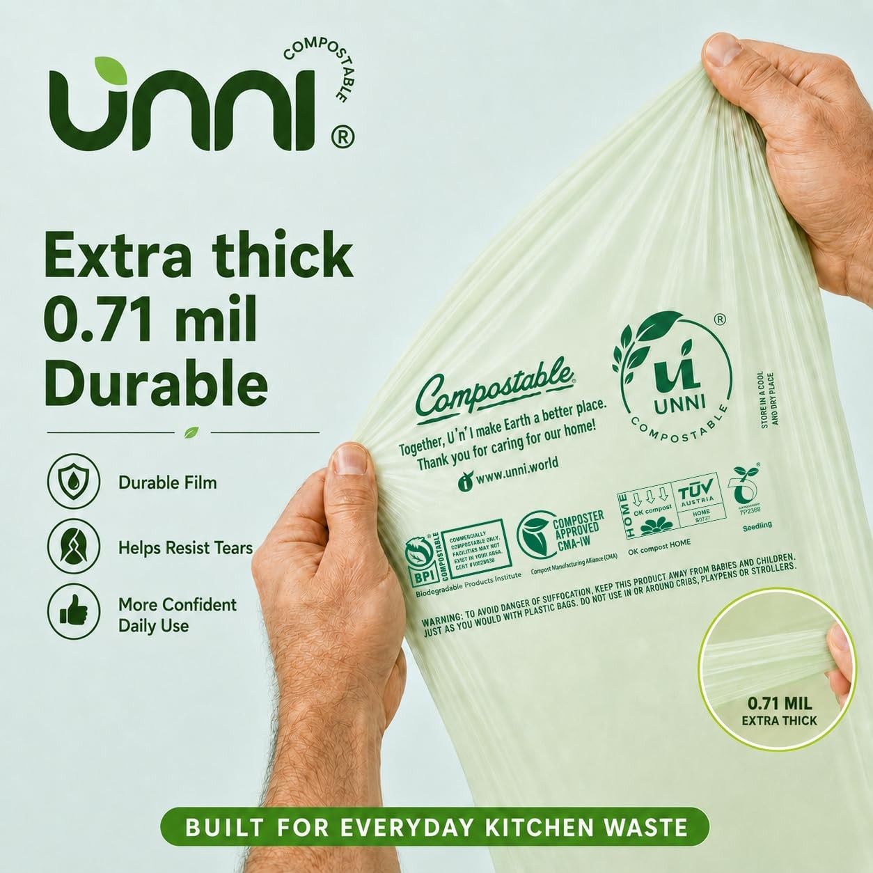Compostable Trash Bags, 4 Gallon / 15 Liter, 100 Count, Extra Thick 0.75 mil Sma
