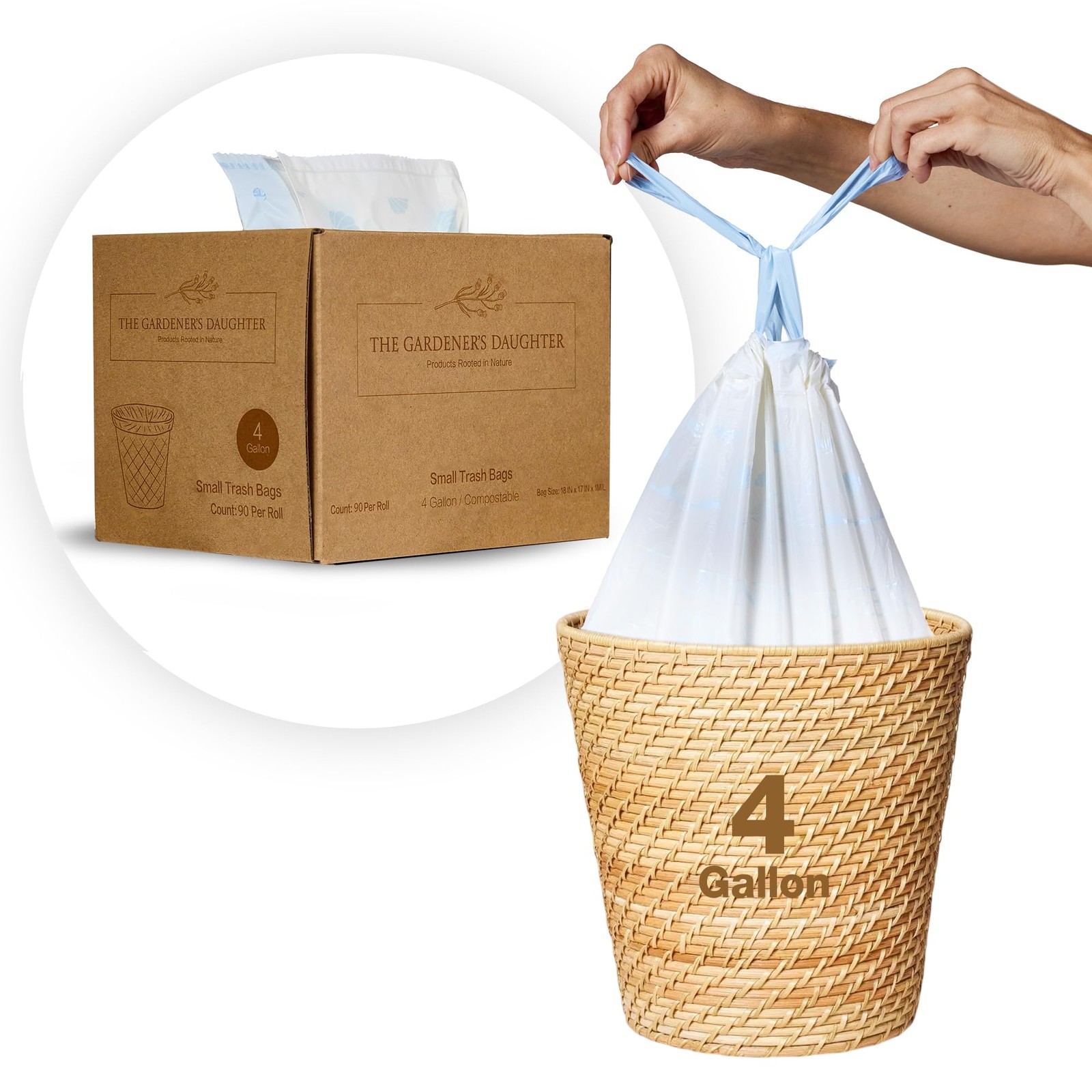 Gardener’s Daughter Compostable 4 Gallon Trash Bags Small Drawstring Garbage