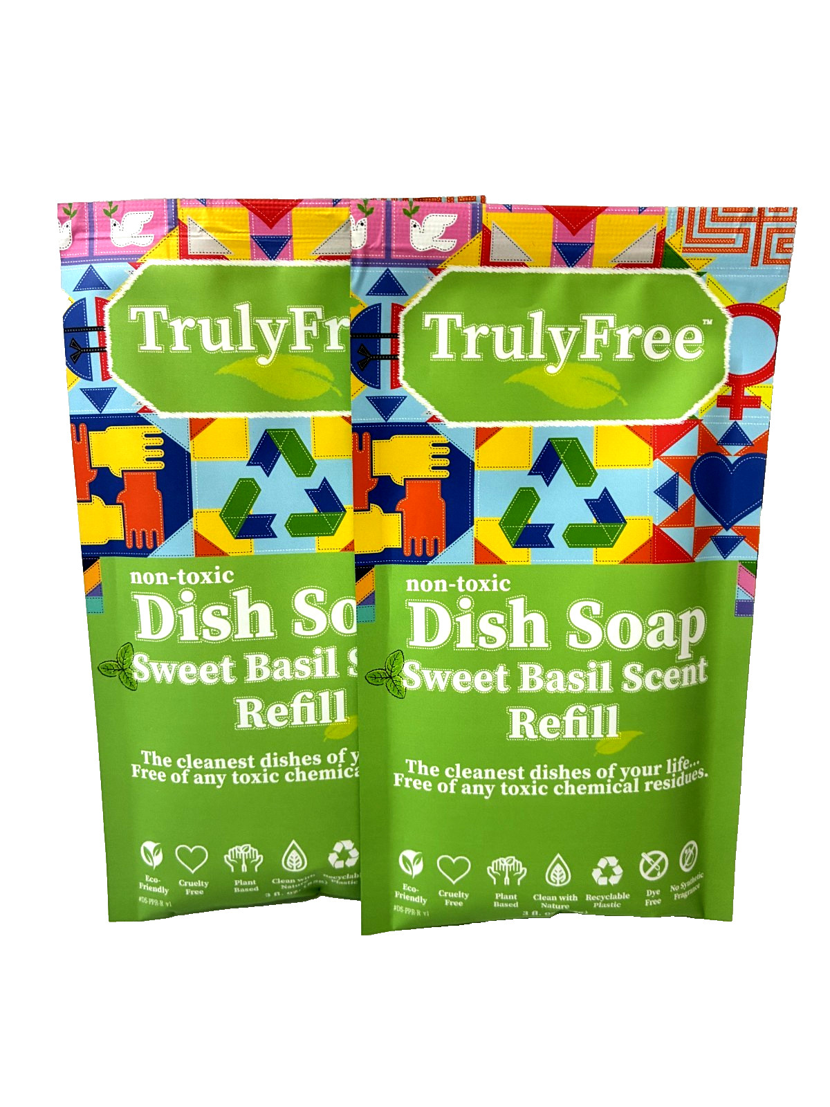 Truly Free Non Toxic Dish Soap Sweet Basil 2 Pack Refill & Bottle Eco Friendly