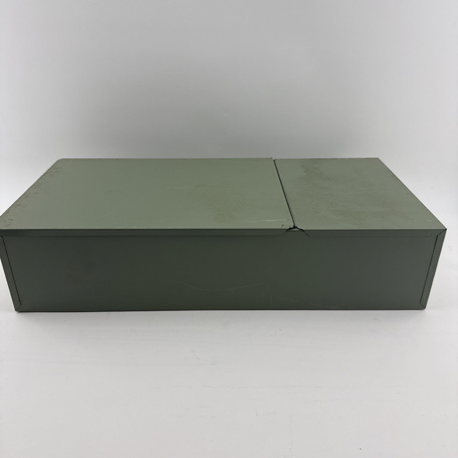 Vintage X-10 Light Green Metal Storage Box 21.5x10x5 Slide Lid