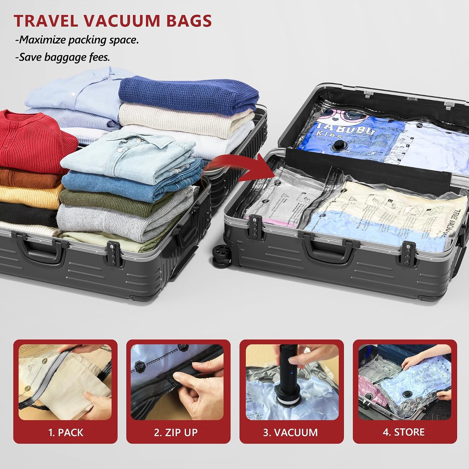 Travel Vacuum Bags for Clothing with Cordless Pump 9 Combo, Clear | Compression