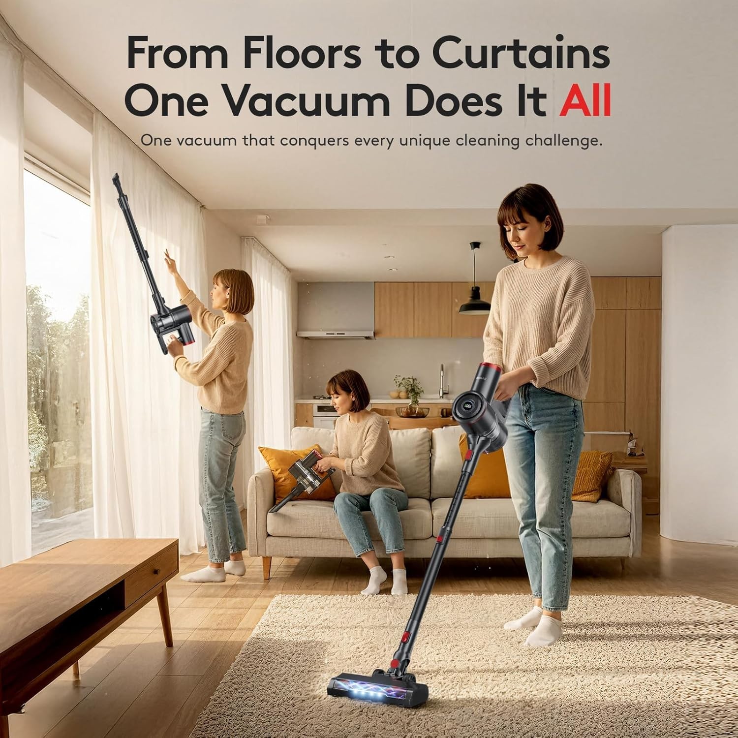 RONEAIR Cordless Vacuum Cleaner 40Kpa 45Min 6-in-1 Stick Vacuum Black Lightweig