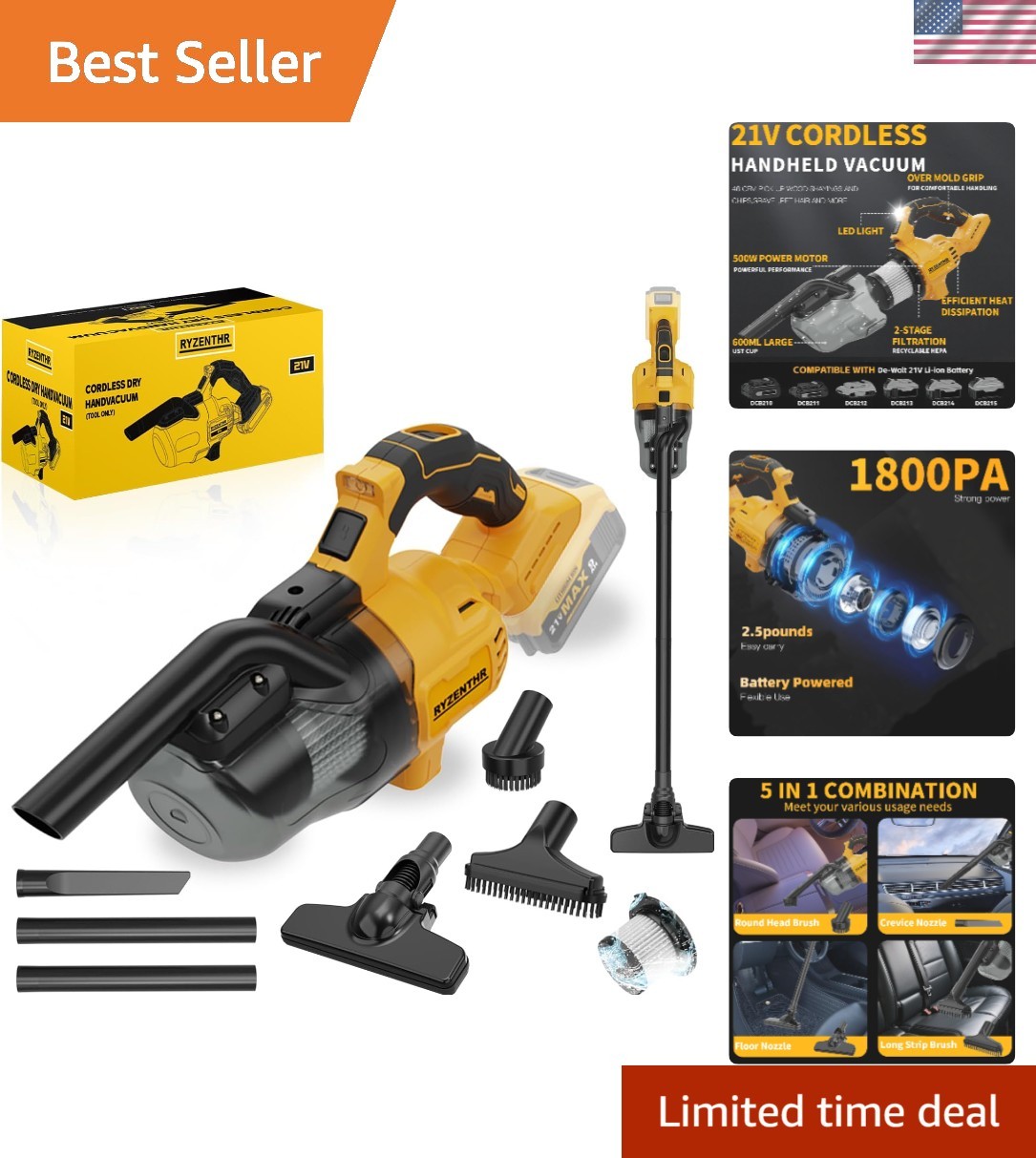 Quiet & Efficient 5-in-1 Handheld Vacuum with 67 dB Noise Level – Huge Dustbin