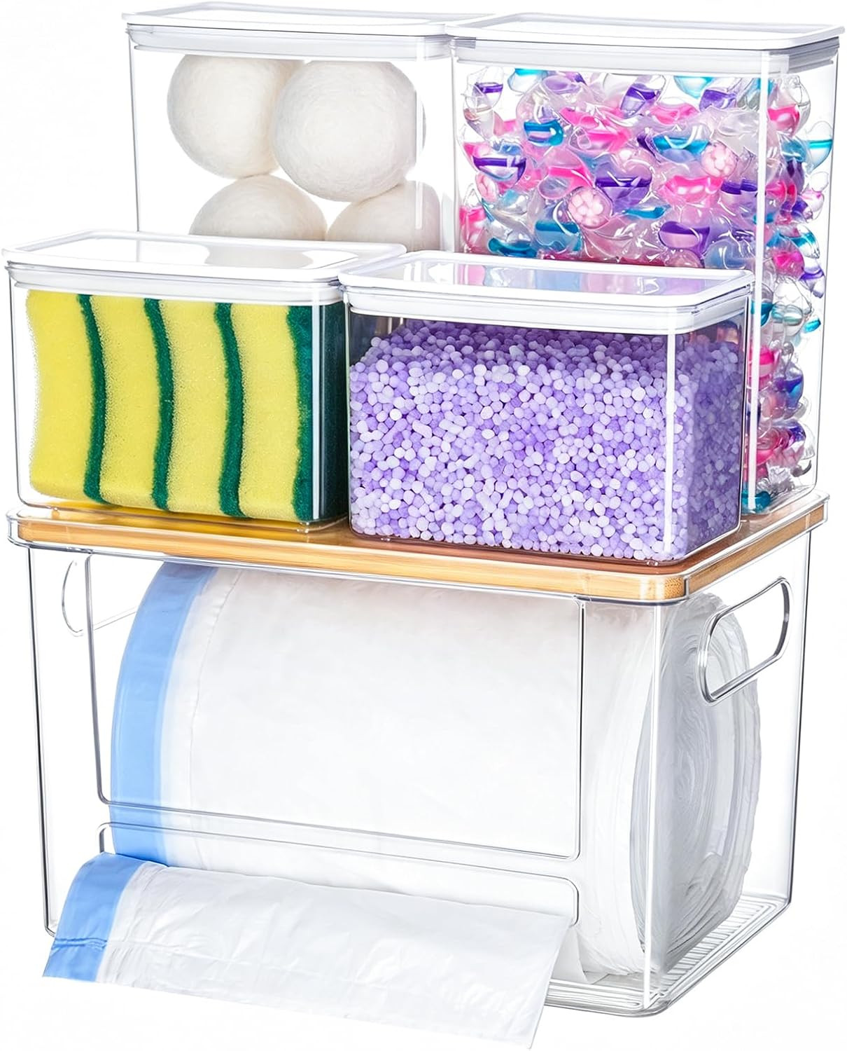 5 in 1 Trash Bag Holder Dispenser Dishwasher & Laundry Pods Container | Large St