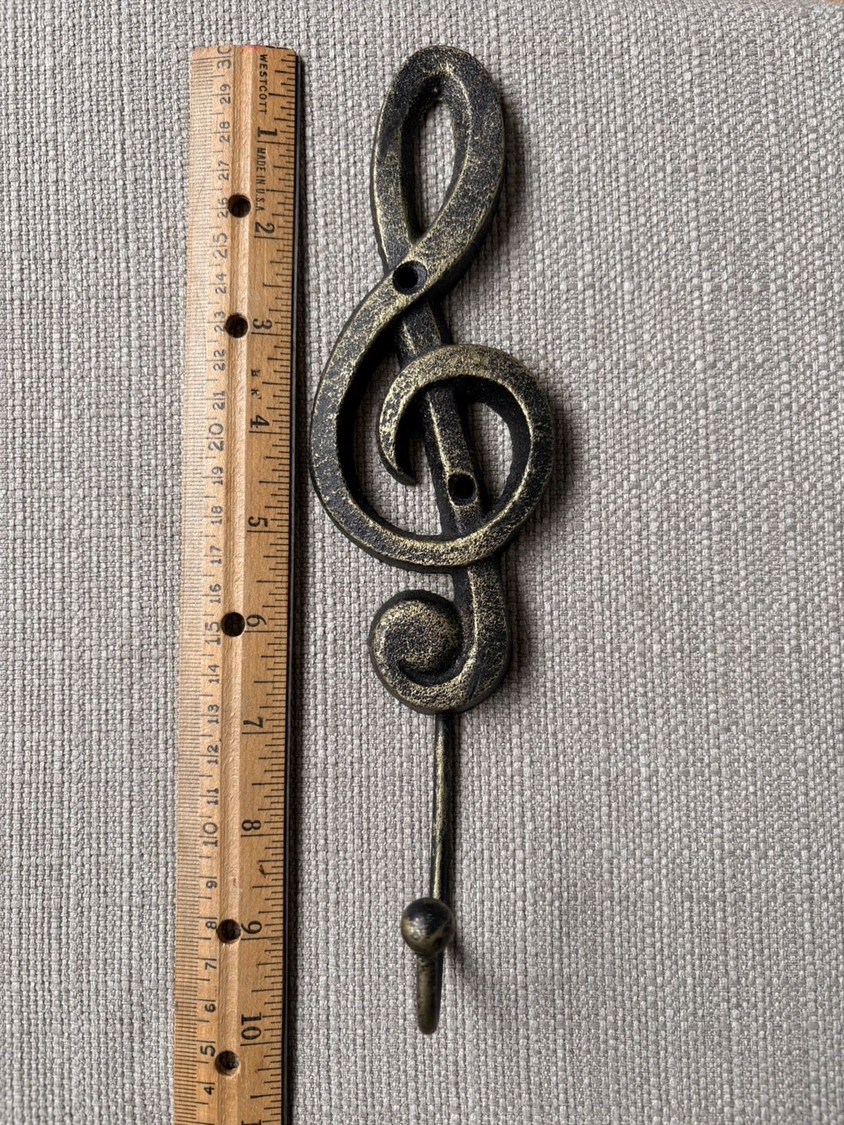 Treble Clef Music Wall Hook in ANTIQUED GOLD CAST IRON 9.5 in x 2.5 in