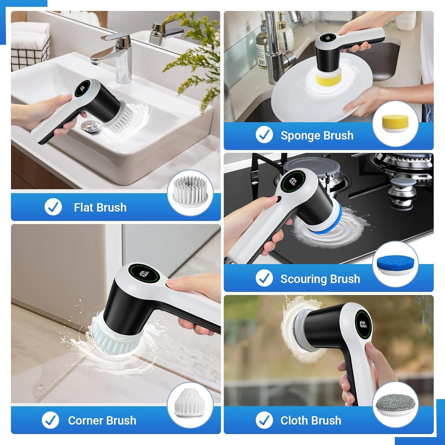 Electric Spin Scrubber Cordless Cleaning Brush with 6 Heads 2 Speeds