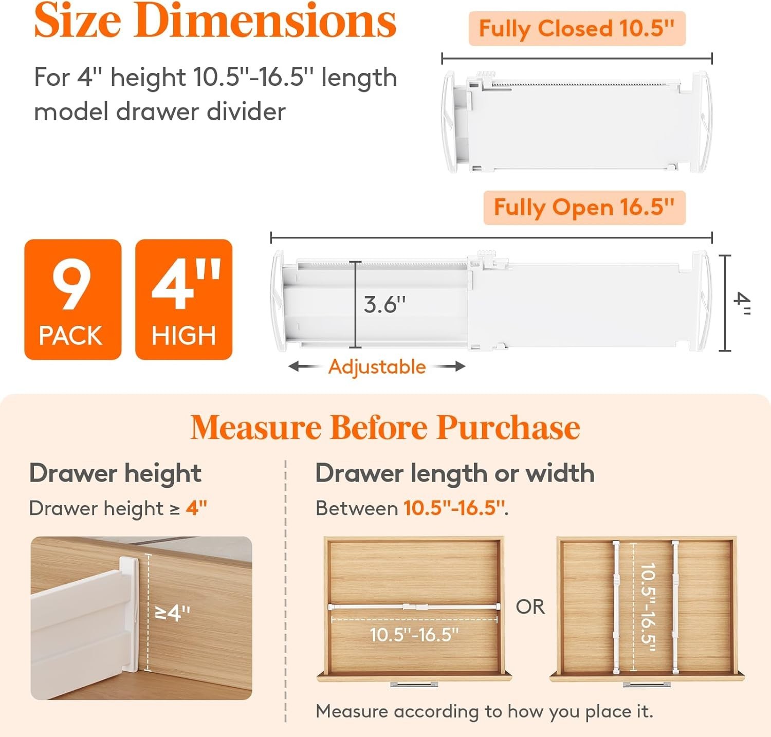 Paquete de 9 divisores de cajones de 10 cm de alto y 26,5-42,9 cm para cómodas.