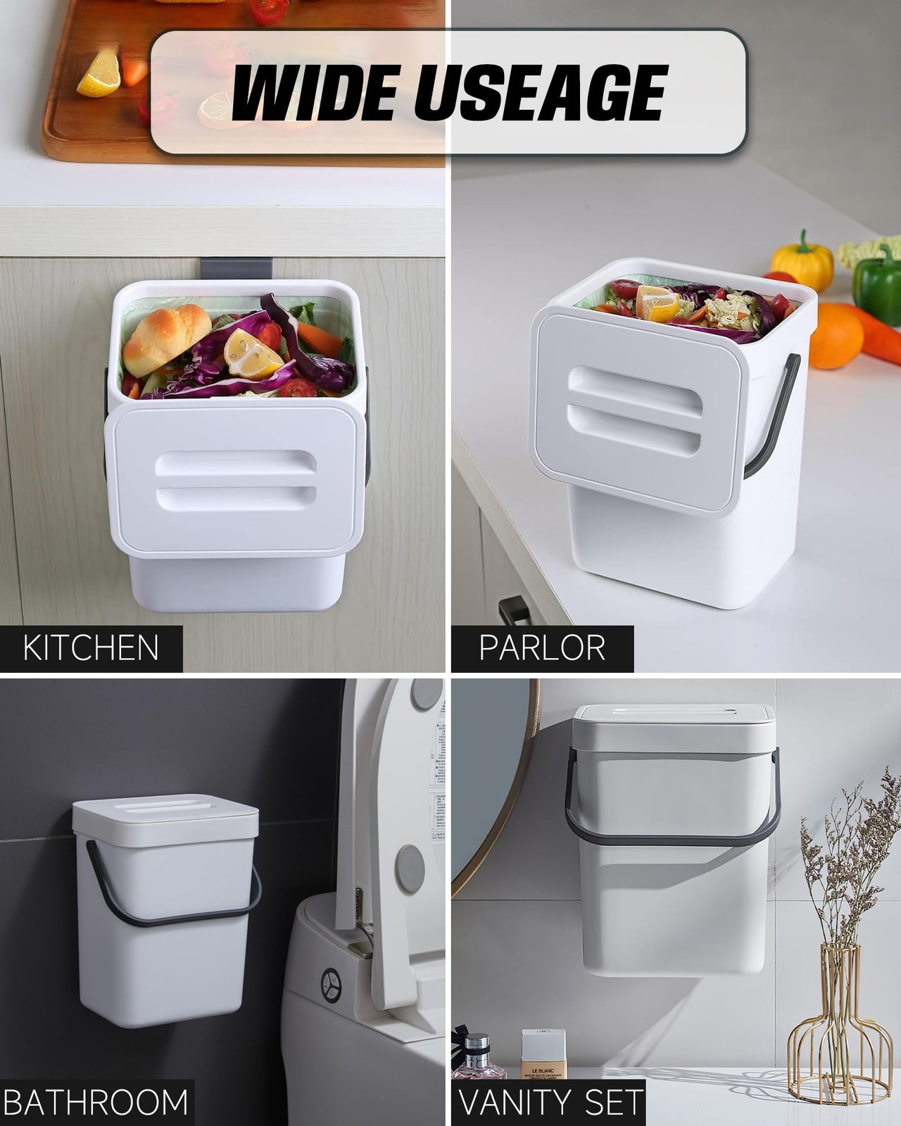 1.3 Gal Compost Bin, Hanging Small Trash Can with Lid, 5L/White