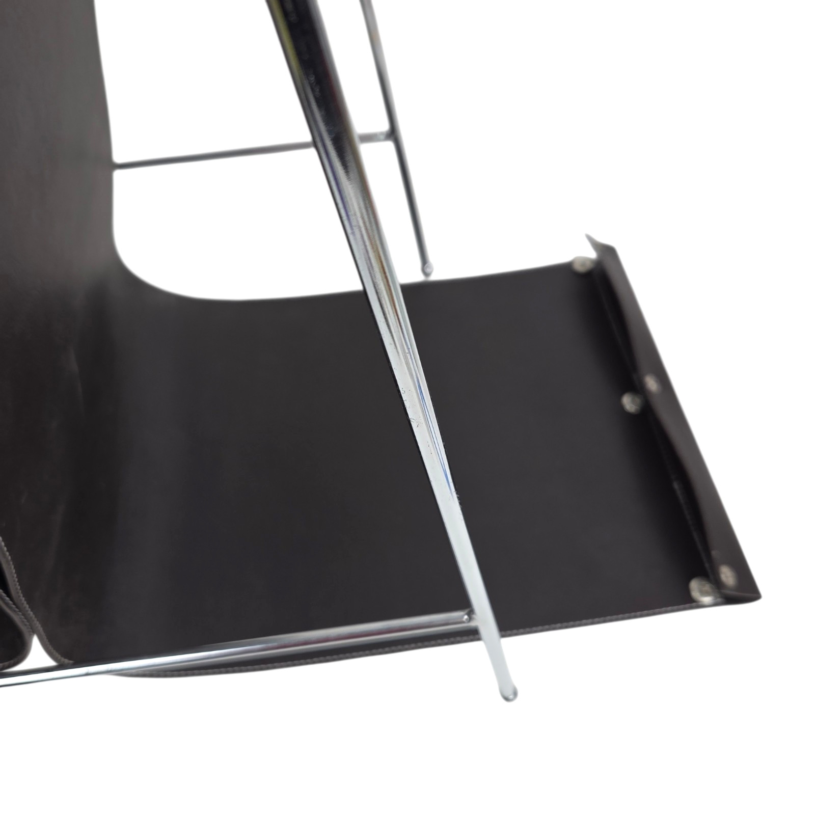 Mid Century Jacques Adnet Style Leather Grain Black Vinyl Chrome Magazine Rack