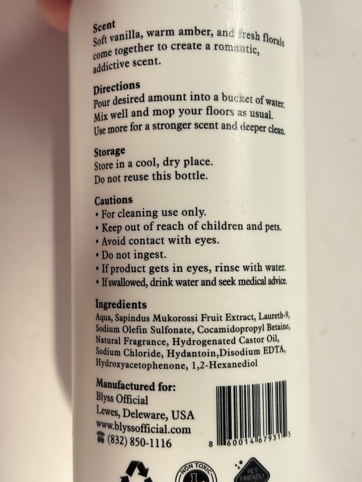 BLYSS Mop Soap Concentrate 16.9oz Non-Toxic Floor Cleaner Vanilla Amber Floral