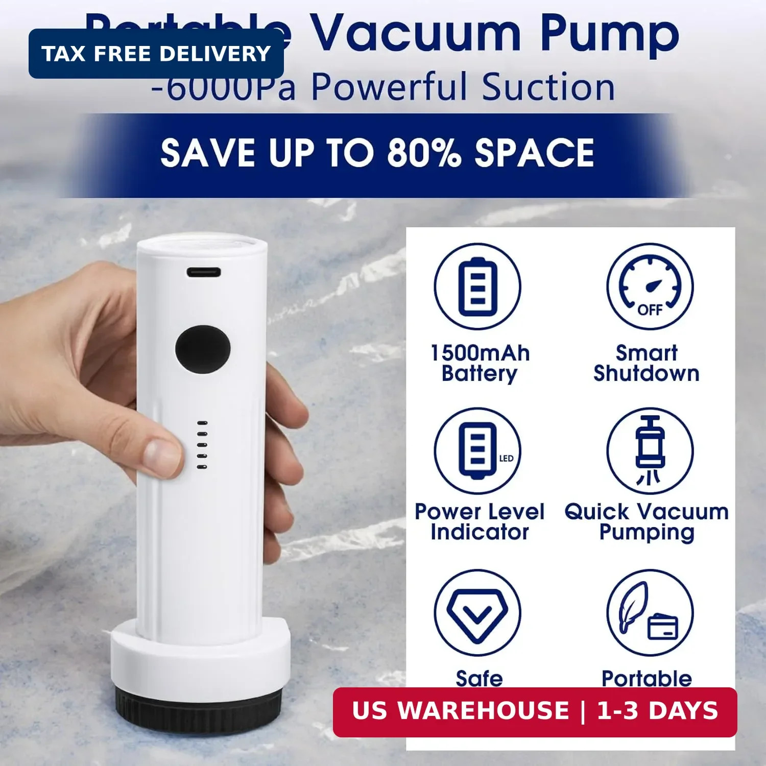 6.0Kpa Cordless Electric Vacuum Pump for Storage Bags Small Travel Air Pump | Ty