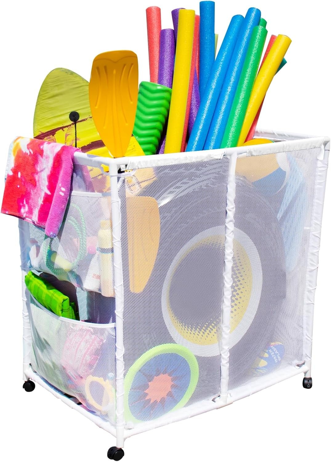 Pool Bins Rolling Mesh Pool Toy Storage Organizer Large White 35″ x 25.4″ NIB