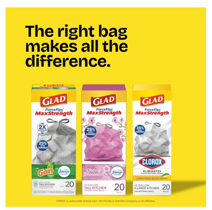 Glad ForceFlex MaxStrength Tall Kitchen Drawstring Trash Bags, 13 Gallon, Bahama