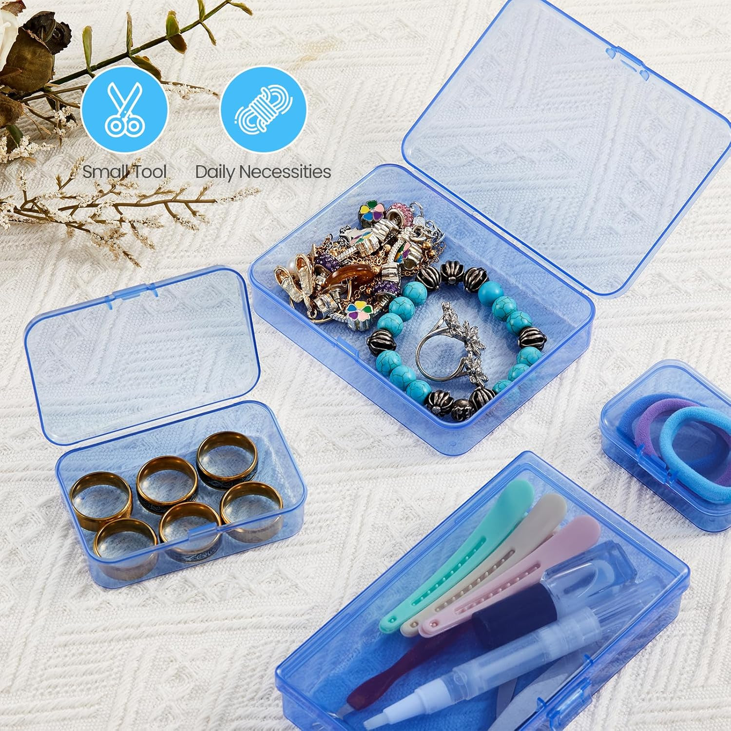 8 Pieces Rectangular Plastic Storage Boxes, Blue, 4.5X3.3X1.1 Inch | Hinged Lids
